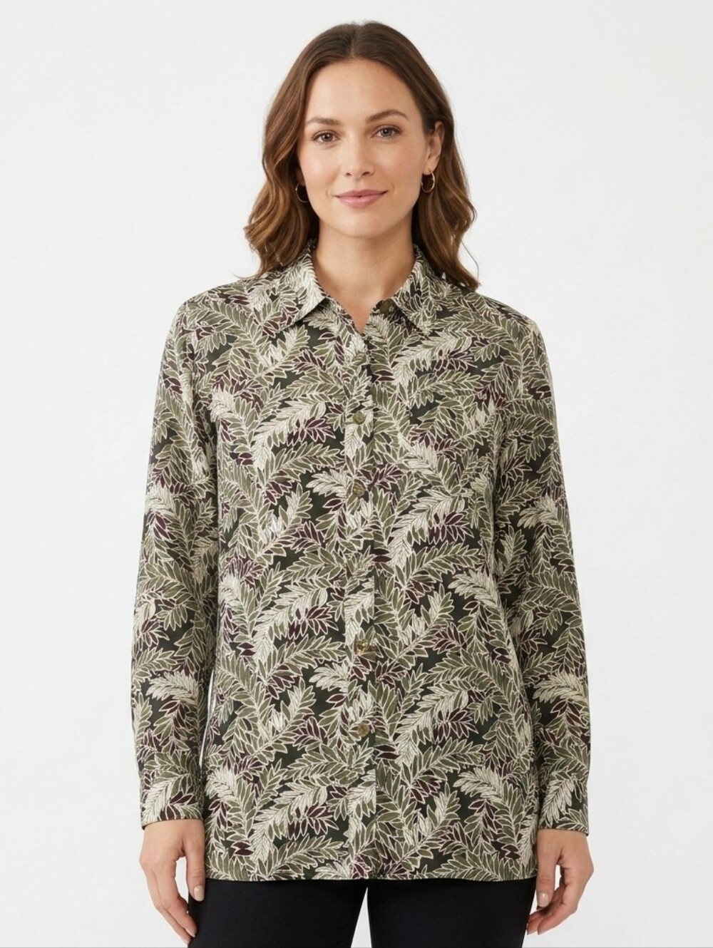 Diane von Furstenberg Silk Assets Blouse L Green Leaf Print Button Up Vintage